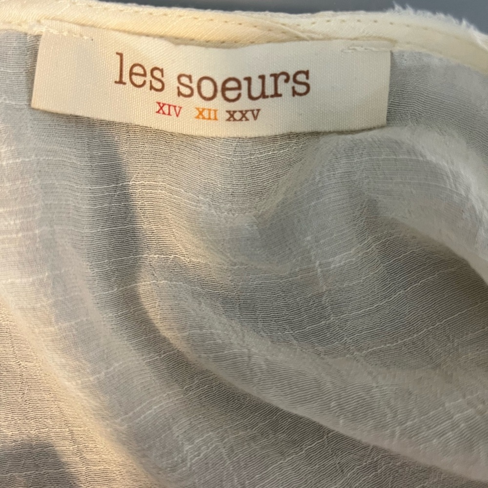 Les Soers Semi Sheer Beige Cream Tie Front Peasant Blouse Bell Sleeves Medium - Picture 7 of 8